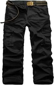 Men's Casual Cargo Trousers Work Autumn Slim-fit Work Pant with Pockets (Color: Black, size: 32)
